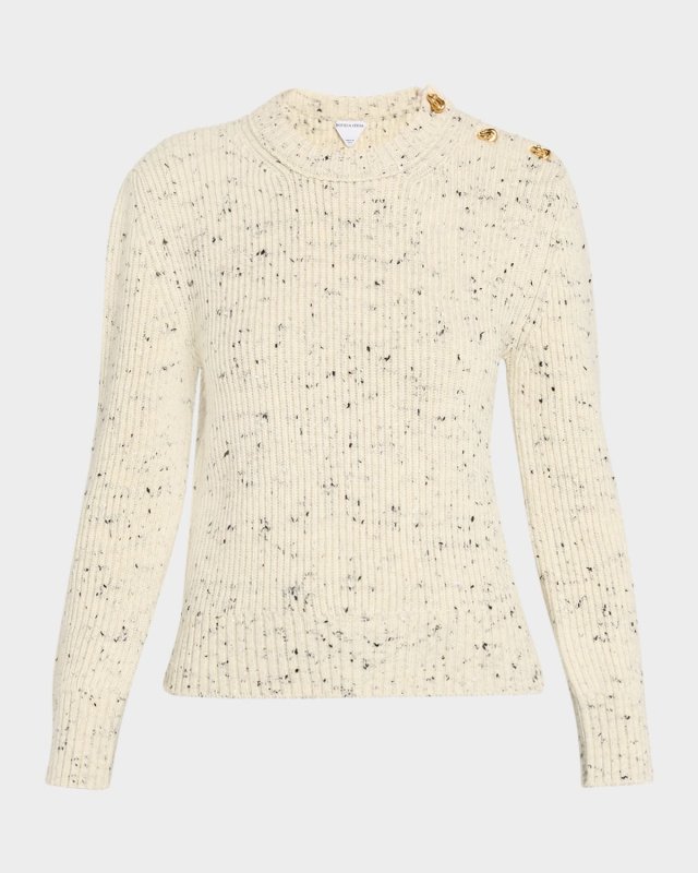 Button-Shoulder Speckled Rib Crewneck Sweater